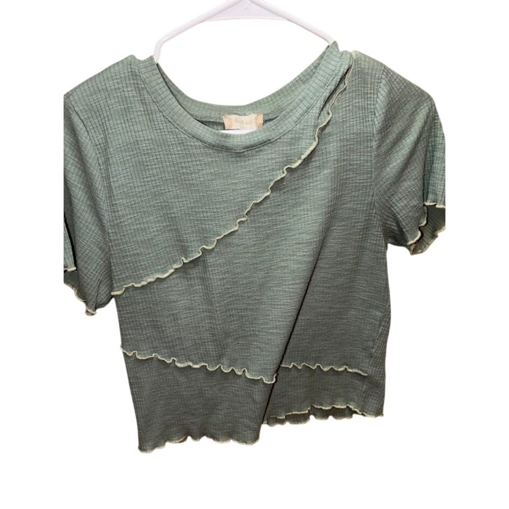 Cottage Core Sage Green Ribbed Lettuce Edge Layered Short Sleeve Top Medium